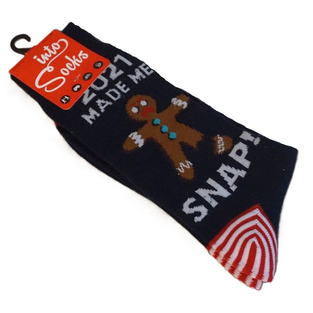 Into Socks “2021 Made Me Snap!” Navy Gingerbread Man Crew Socks Men’s OSFM